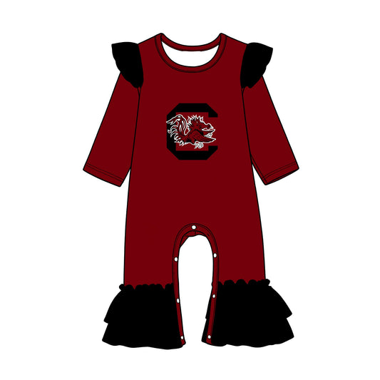 Preorder (moq 5) Baby Girls Maroon Black Long Sleeve Gamecocks Team Ruffle Pant Rompers