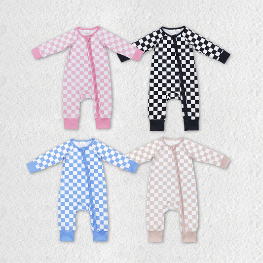 Baby Infant Kids Boys Girls Checkered Long Sleeve Zip Sleepers Rompers
