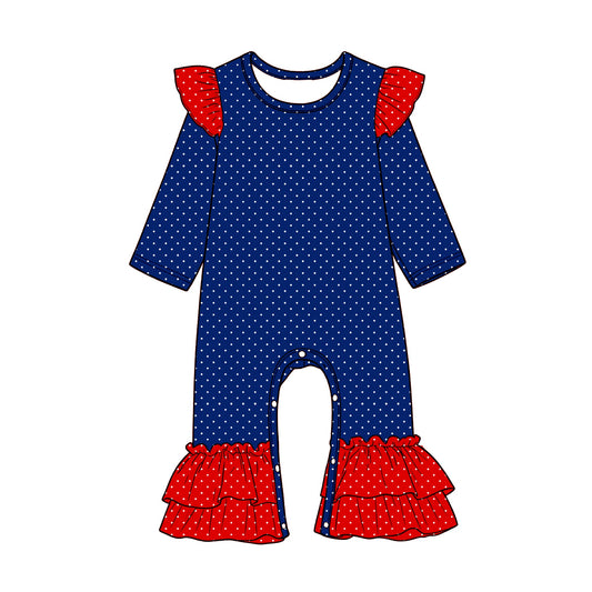 Preorder (moq 5) Baby Girls Red Navy Long Sleeve Polka Dots Ruffle Pant Rompers