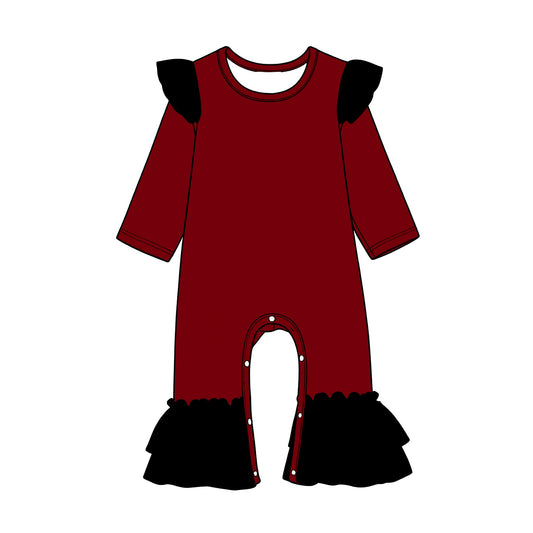 Preorder (moq 5) Baby Girls Maroon Black Long Sleeve Ruffle Pant Rompers
