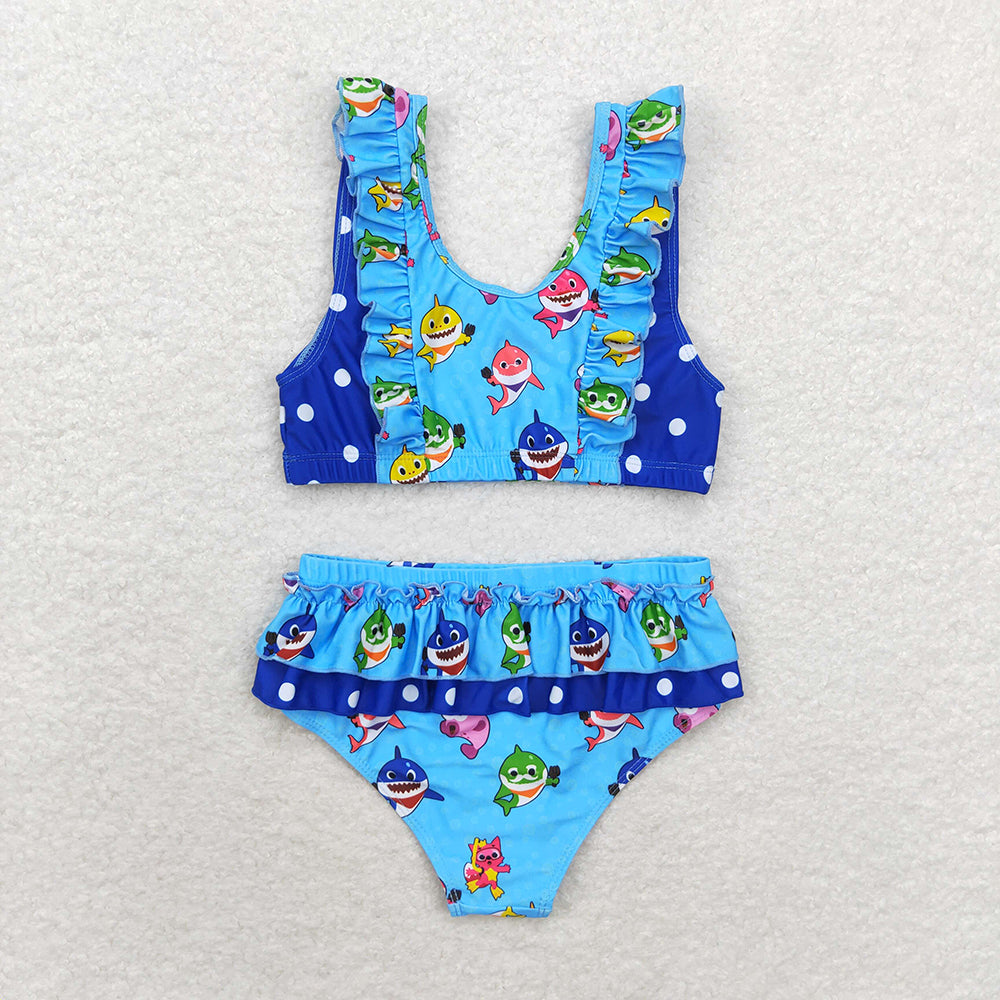 Baby Girls Summer Blue Sharks 2pcs Ruffle Swimsuits