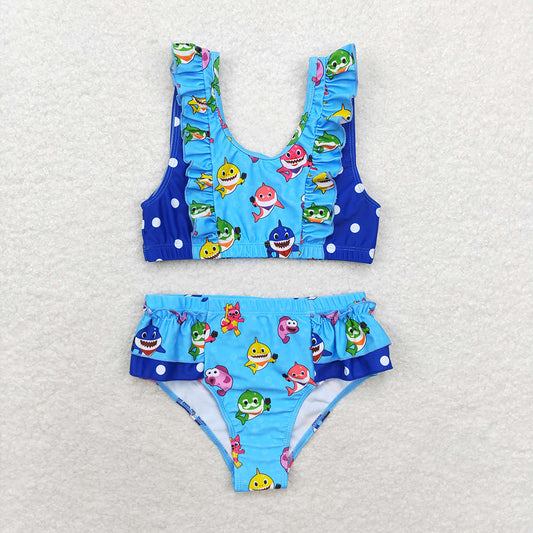 Baby Girls Summer Blue Sharks 2pcs Ruffle Swimsuits