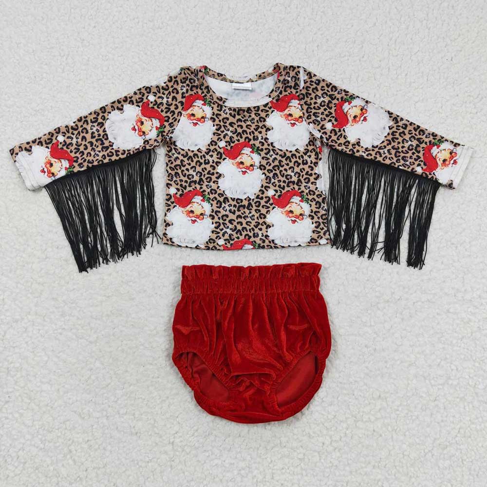 Baby Girls Santa Tassel Tops Velvet Bummie Sets