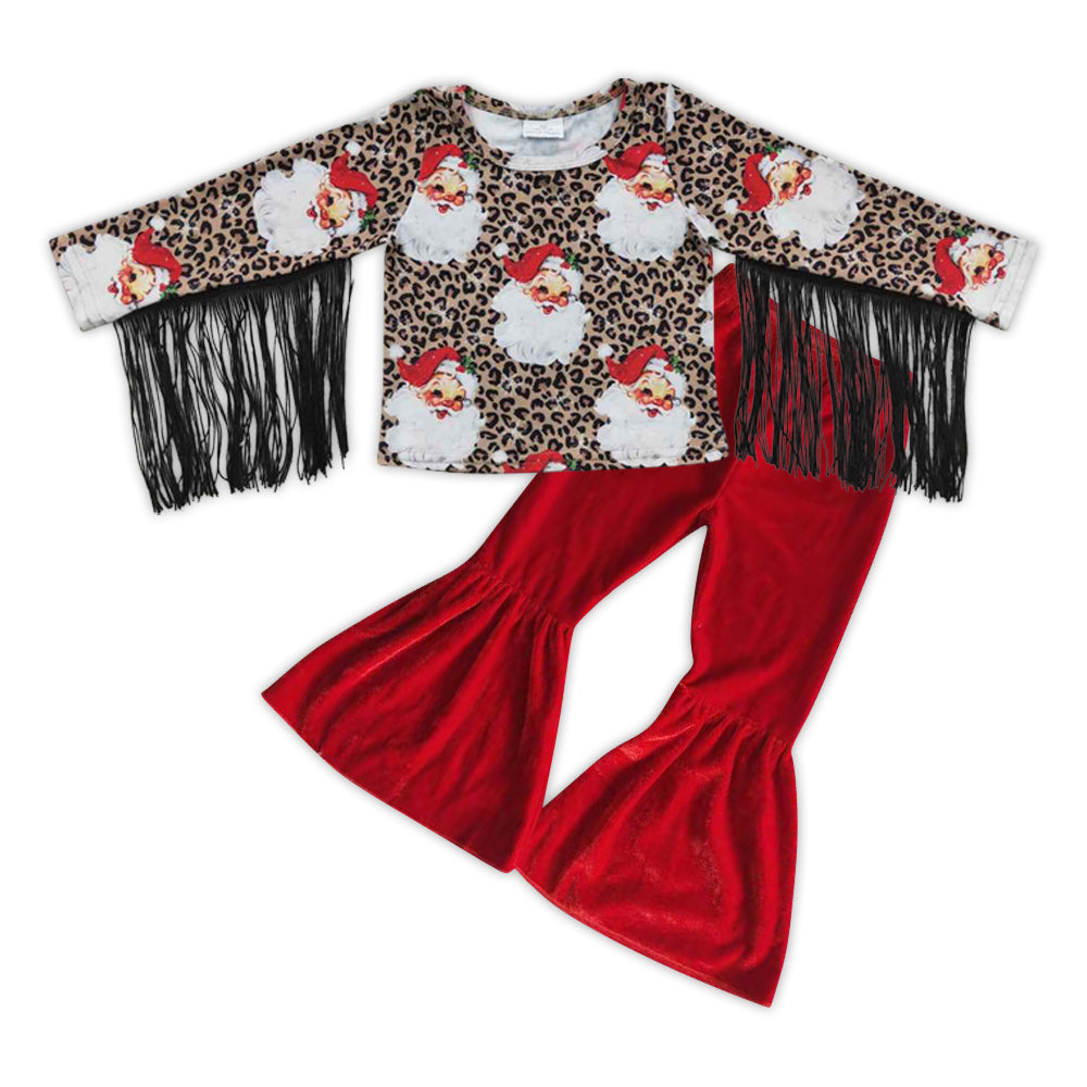 Baby Girls Christmas Santa Tassel Shirt Red Velvet Pants clothes sets