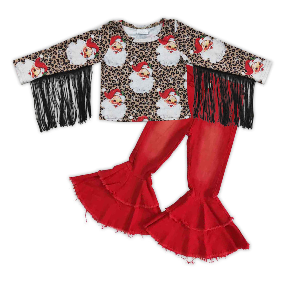 Baby Girls Christmas Santa Tassel Shirt Denim Bell Pants Clothes Sets