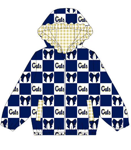 Preorder (moq 5)Baby Girls Bows Checked Seneca Zip Pockets Team Ruffle Hoodies Top