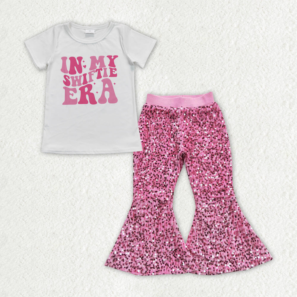 Baby Girls Singer Short Sleeve Tee Shirt Pink Sequin Flare Pants Clothes Sets