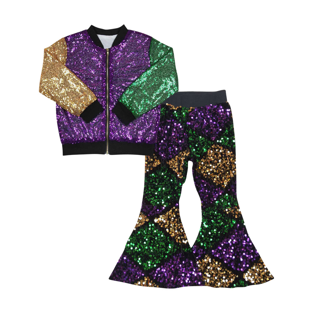 Baby Girls Mardi Gras Purple Sequin Jackets Bell Pants 2pcs Clothing Sets