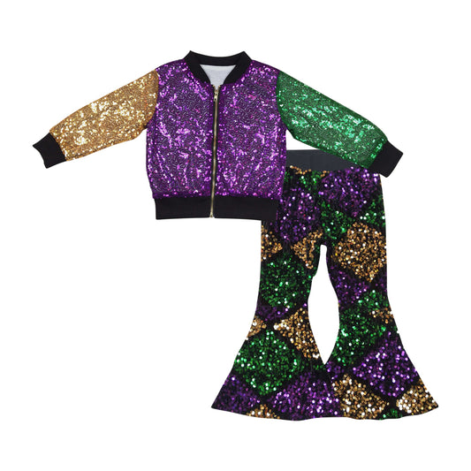 Baby Girls Mardi Gras Purple Sequin Jackets Bell Pants 2pcs Clothing Sets