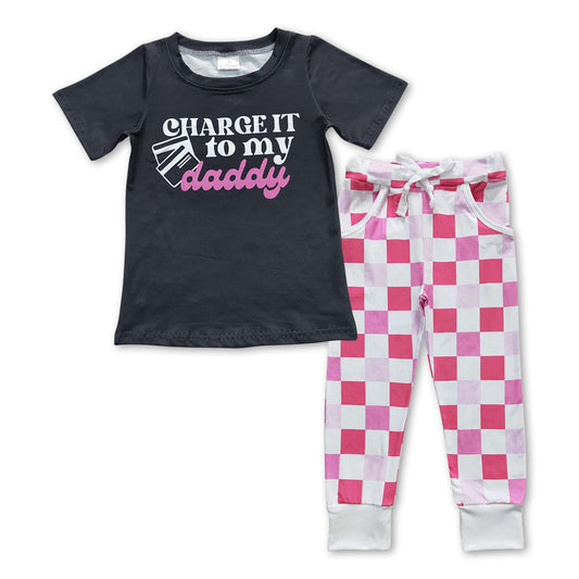 Baby Girls Black Daddy Top Pink Checkered Pants Clothes Sets