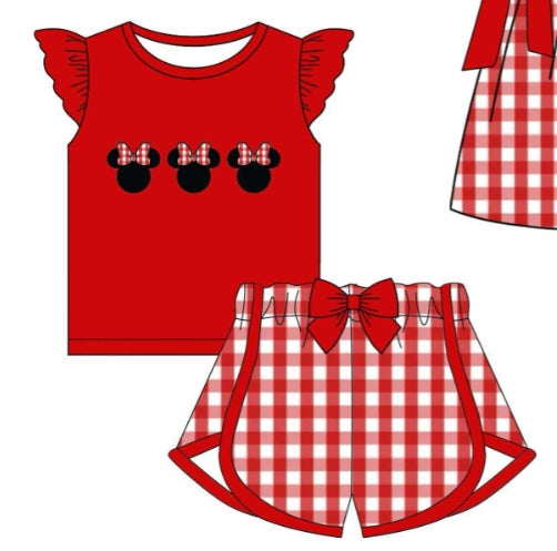 Baby Girls Red Mouse Cartoon Top Bow Shorts Clothes Sets preorder(MOQ 5)