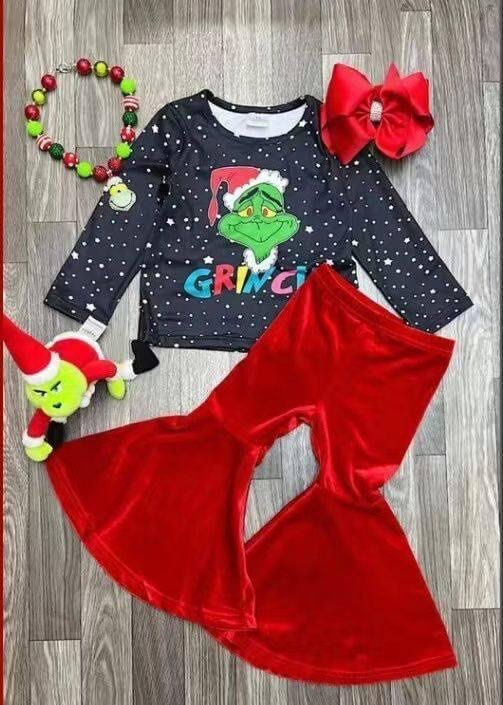 Baby Girls Christmas Green Frog Velvet Bell Pants Clothes Sets preorder