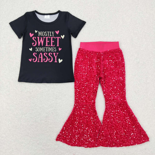 Baby Girls Mostly Sweet Sometimes Sassy Tee Dark Pink Sequin Pants Clothes Sets