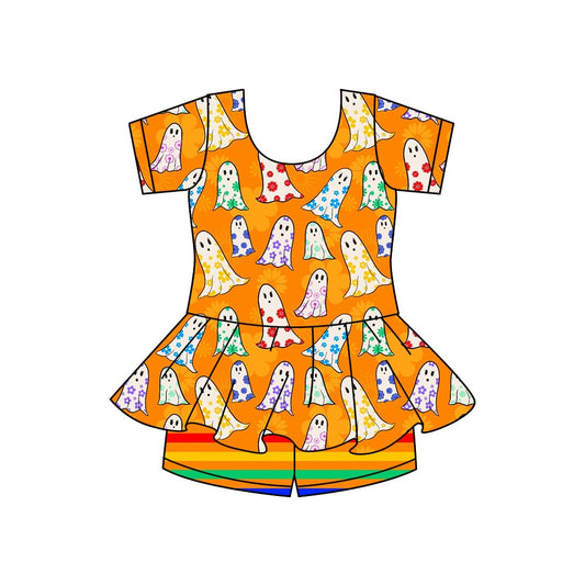Preorder moq 5 Baby Girls Orange Flowers Ghost Short Sleeves Top Shorts Sets