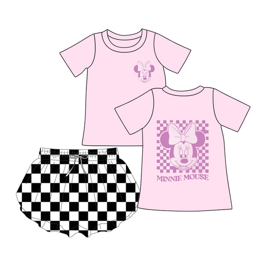 Preorder (moq 5)Baby Girls Pink Mouse Top Black Checkered Shorts Outfits Sets