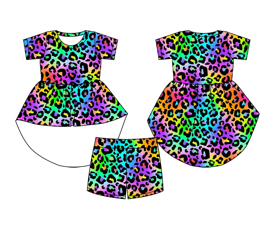 Preorder moq 5 Baby Girls Colorful Leopard Hi-low Top Shorts Sets