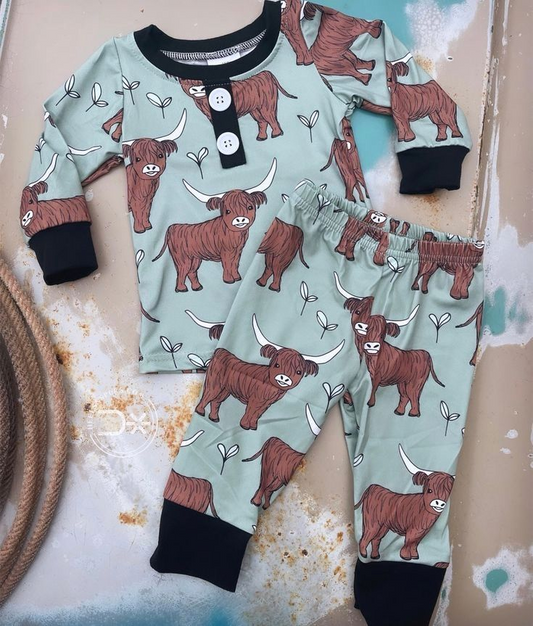 Baby Boys green west highland cow fall pajamas clothes sets