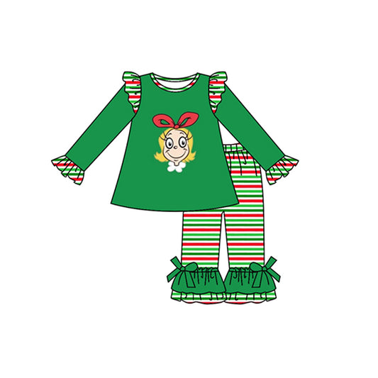 Baby Girls Christmas Face Green Top Ruffle Pants Clothing preorder(moq 5)