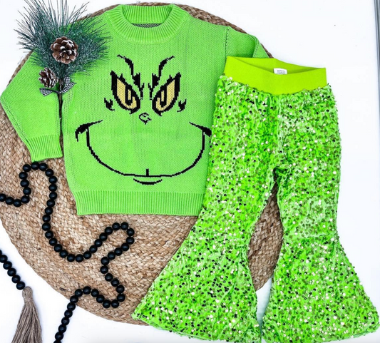 Baby Girls 2pcs Christmas Green Frog Face Long Sleeve Sweaters Green Sequin Bell Pants Sets