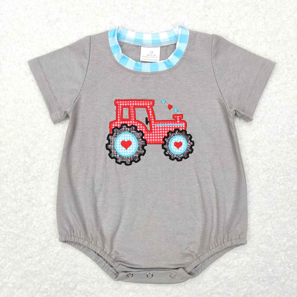 Baby Infant Boys Valentines Tractor Hearts Short Sleeve Rompers