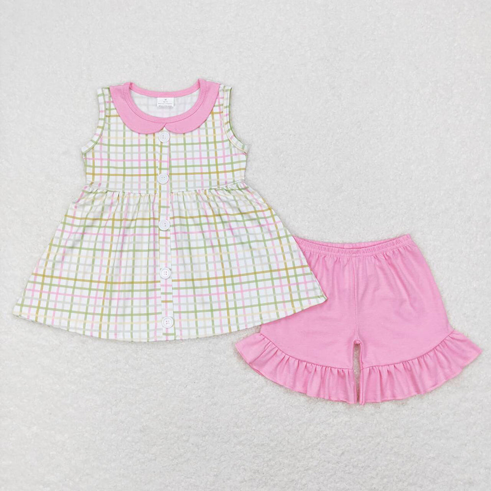 Baby Girls Easter Green Pink Checkered Tunic Ruffle Shorts Clothes Sets