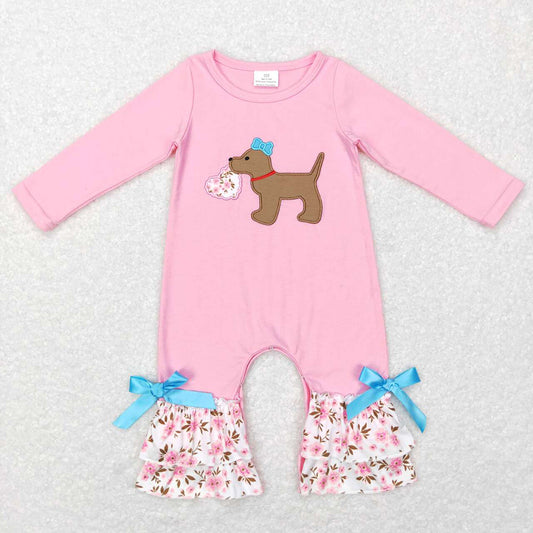 Baby Infant Girls Pink Valentines Floral Dog Hearts Rompers