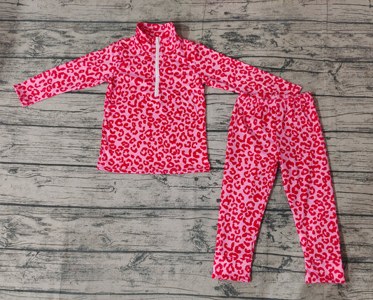 Baby Girls Toddler Valentines Pink Leopard Zip Pullover Tops Pants Clothes Sets