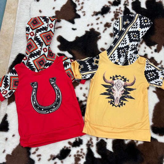 Sibling Baby Kids Western Saddle Cow Hooded Tops