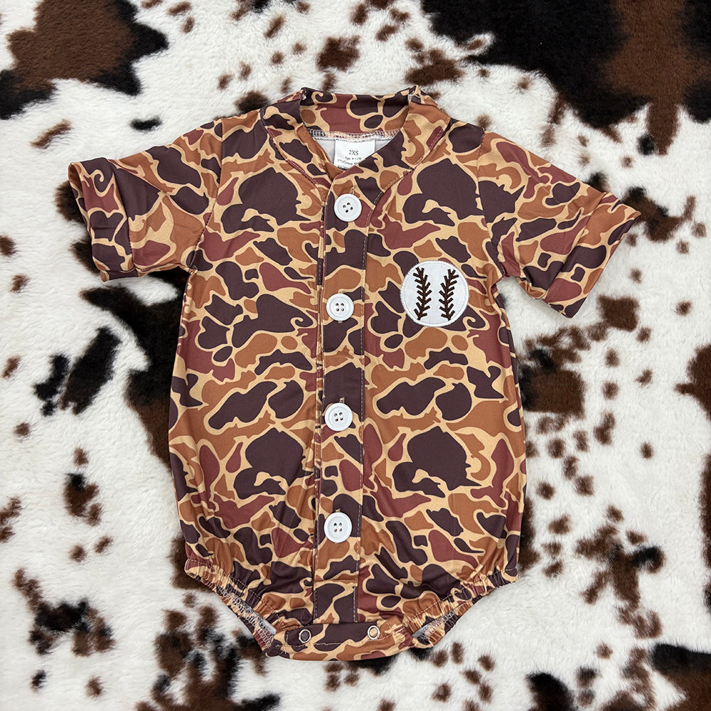 Baby Infant Boys Camo Baseball Buttons Short Sleeve Rompers