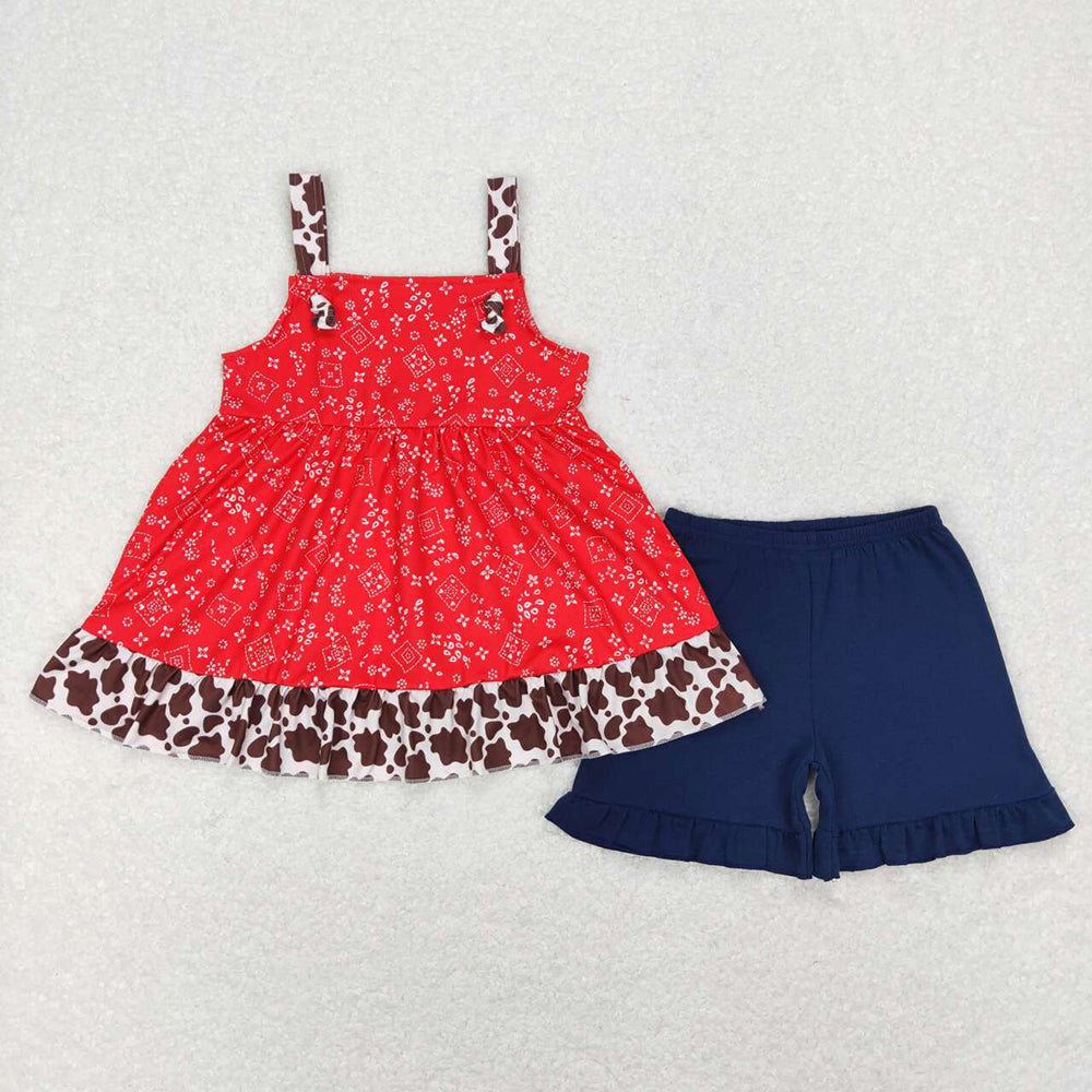Baby Girls Paisley Straps Tunic Cow Top Ruffle Shorts Clothes Sets