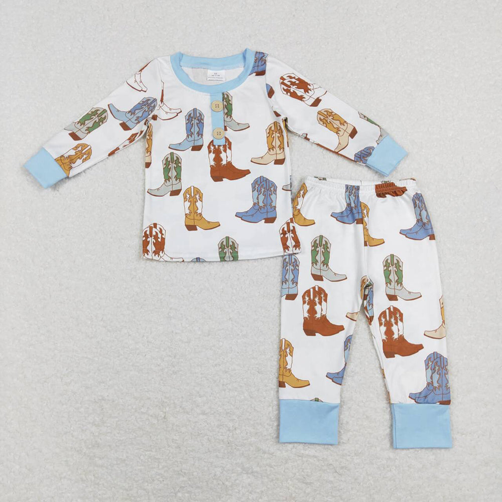 Baby Boys Toddler Western Blue Boots Top Pants Pajamas Clothes Sets