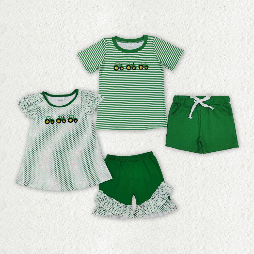 Sibling Embroidery Baby Girls Green Farm Boys Outfits Sets