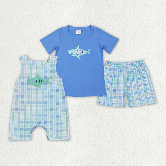 Sibling Baby Boys Blue Shark Rompers Summer Clothes Sets
