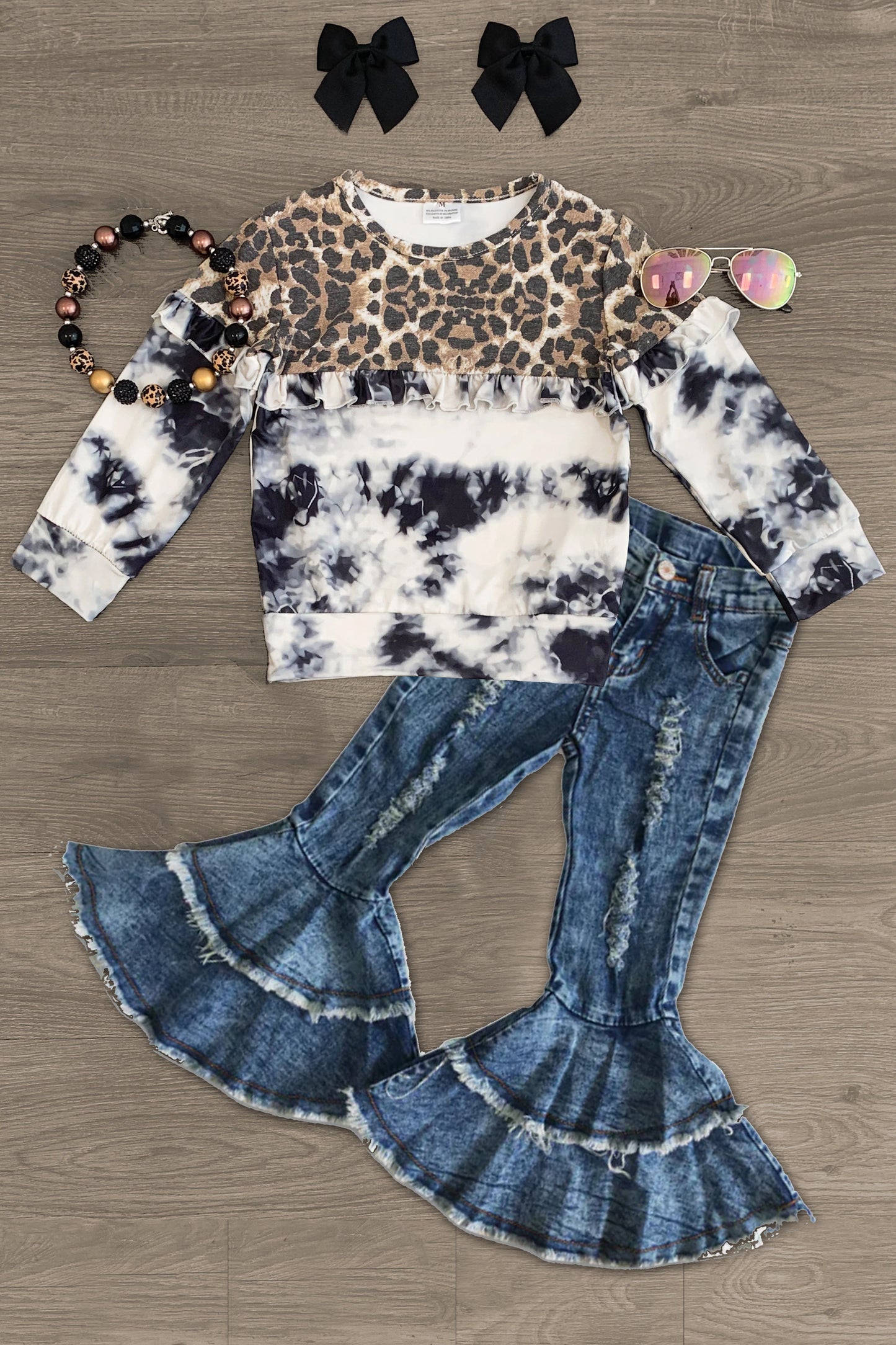 Baby Girls Leopard Tie Dye Long Sleeve Tee Shirts Tops Ruffle denim pants sets preorder(moq 5)