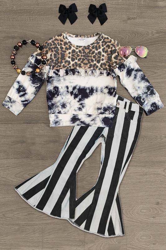 Baby Girls Leopard Tie Dye Long Sleeve Tee Shirts Tops Black Stripes denim pants sets preorder(moq 5)