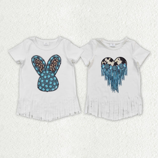 Sibling Baby Girls Turquoise Short Sleeve Tassel Shirts Tops