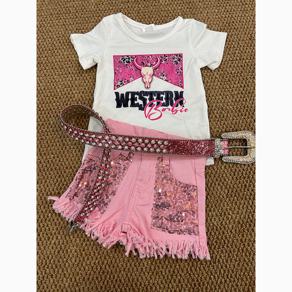 Baby Girls Western Doll Shirt Top Sequin Denim Shorts Clothes Sets