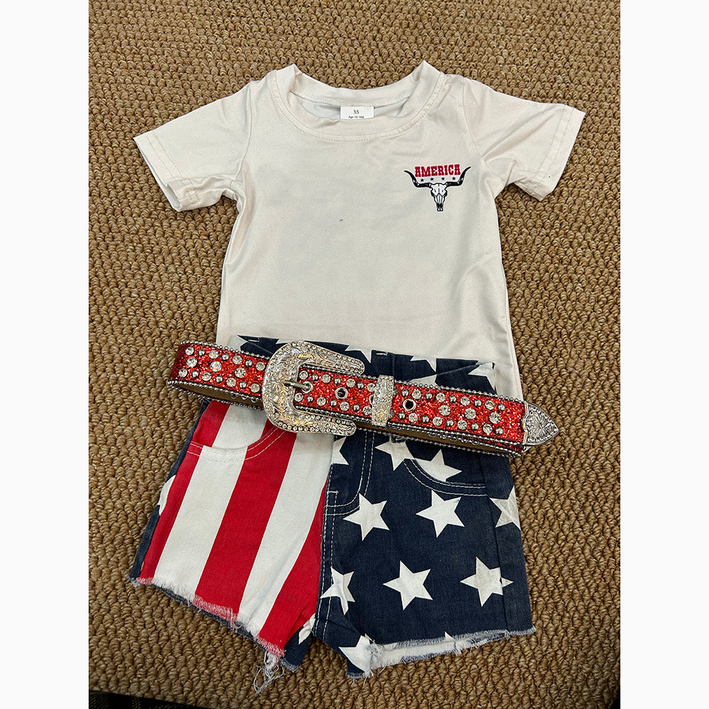 Baby Girls 4th Of July Shirt Top Stars Denim Shorts Clothes Sets