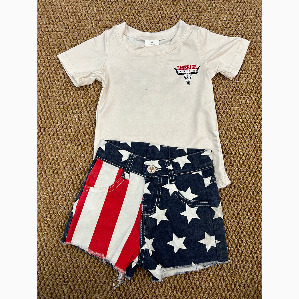 Baby Girls 4th Of July Shirt Top Stars Denim Shorts Clothes Sets