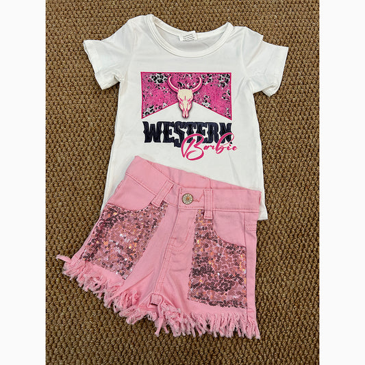 Baby Girls Western Doll Shirt Top Sequin Denim Shorts Clothes Sets