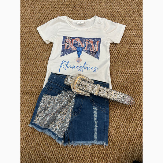 Baby Girls Rhinestones Shirt Top Sequin Denim Shorts Clothes Sets