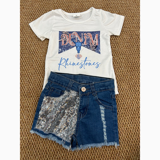 Baby Girls Rhinestones Shirt Top Sequin Denim Shorts Clothes Sets