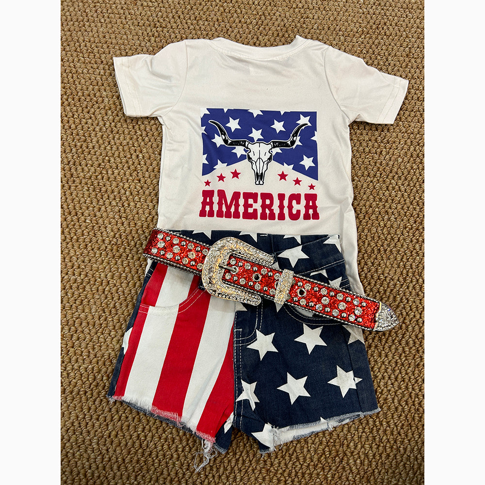 Baby Girls 4th Of July Shirt Top Stars Denim Shorts Clothes Sets