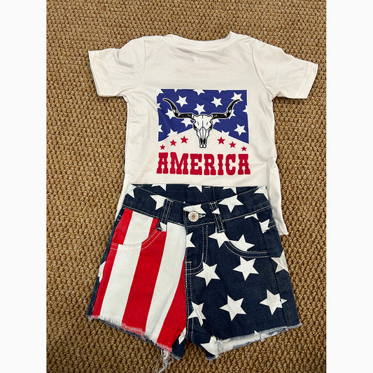 Baby Girls 4th Of July Shirt Top Stars Denim Shorts Clothes Sets