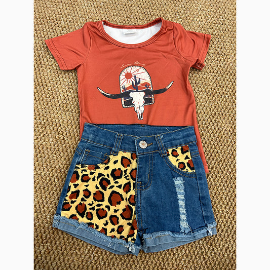 Baby Girls Rodeo Western Shirt Top Leopard Denim Shorts Clothes Sets