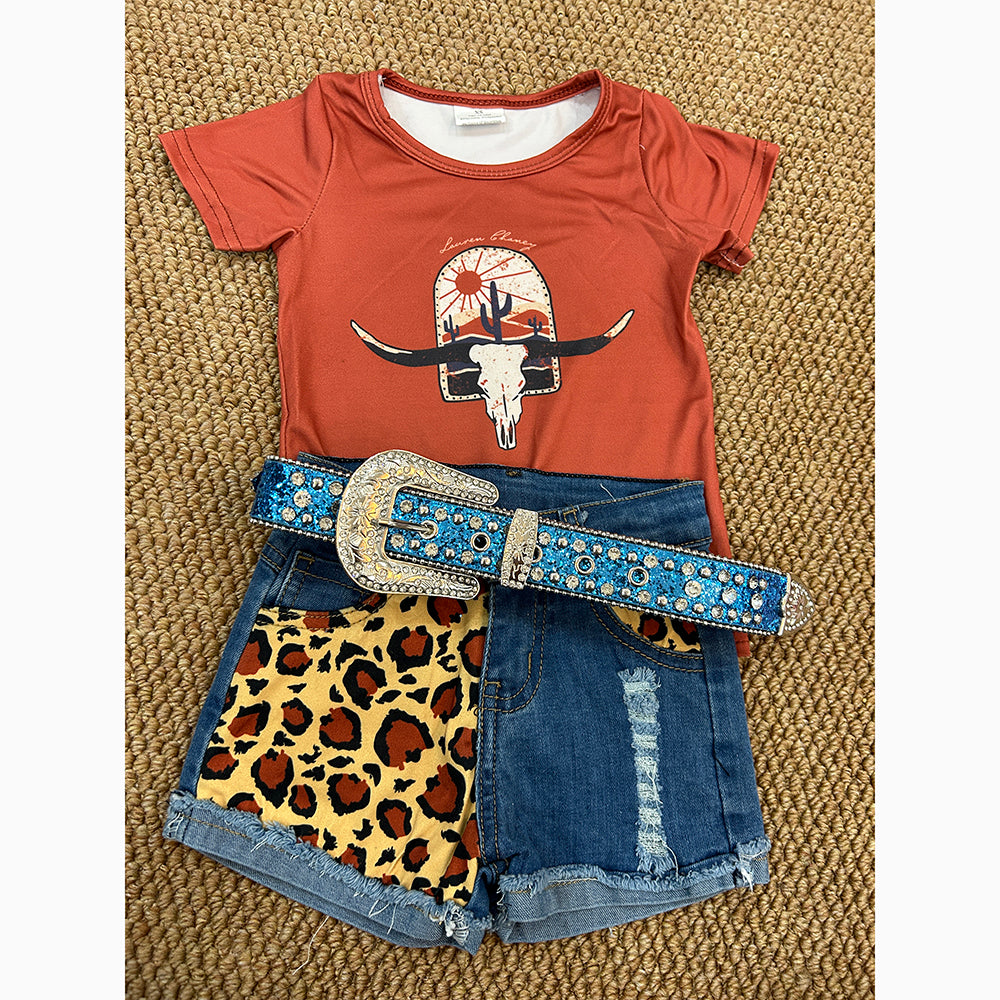 Baby Girls Rodeo Western Shirt Top Leopard Denim Shorts Clothes Sets