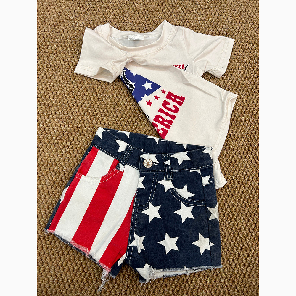 Baby Girls 4th Of July Shirt Top Stars Denim Shorts Clothes Sets