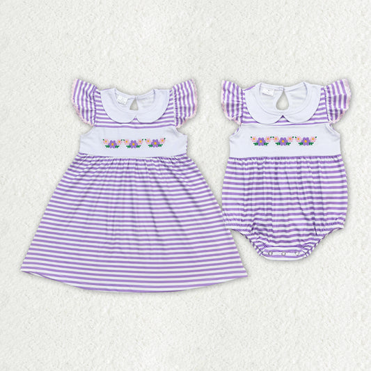 Baby Girls Purple Stripes Flowers Dresses Rompers Sibling Sister Designs