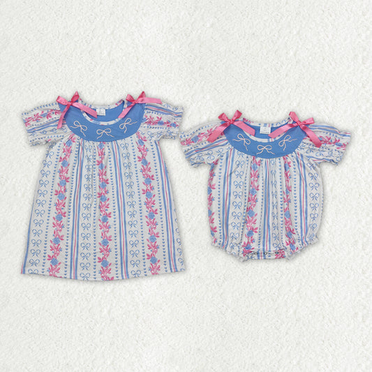 Sibling Baby Girls Blue Pink Bows Rompers Dresses