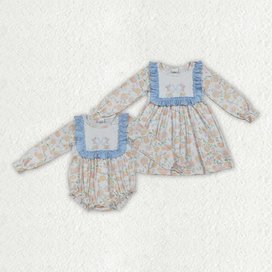 Sibling Baby Girls Pumpkins Flowers Bib Rompers Dresses